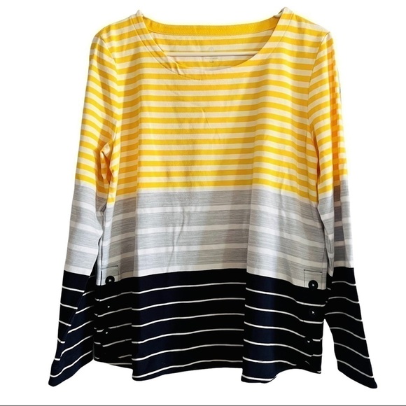 T by Talbots Yellow Black Gray & White Striped Top with Button Side Hem PL NWOT - Picture 1 of 9